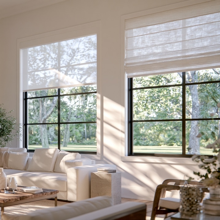 Roller Shades vs Roman Shades Roller shades vs Roman shades shown side by side in a modern South Florida living room.