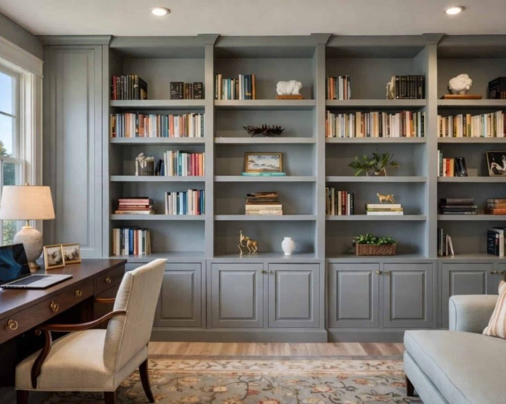 Custom built-in bookshelves in a modern home office