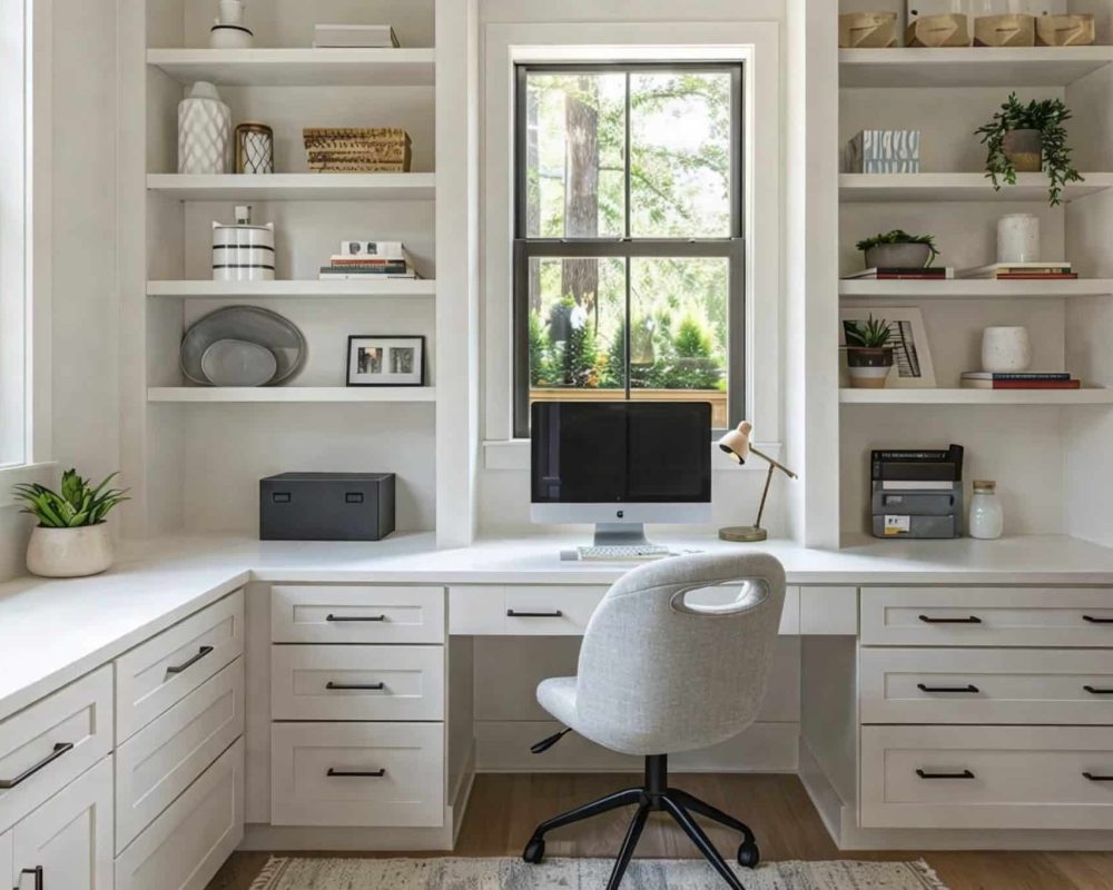 custom built-in white home office cabinetry with shelves and desk workspace