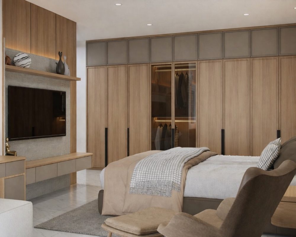 Modern bedroom with built-in wardrobe cabinetry
